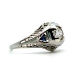 14K W Gold European Cut Diamond AP 1/4 CT Sapphire With Filligree Ring Size 3.5 - Image 2