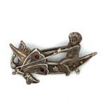 Sterling Silver Art Garnet Stone Cherub Riding Dragonfly and Moon Brooch