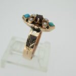 Vintage 1800's 10k Rose Gold Garnet Turquoise and Seed Pearl Ring Size 6 1/2 - Image 3
