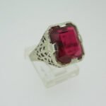 Vintage 14k White Gold Created Ruby with Filigree Accents Size 7 3/4