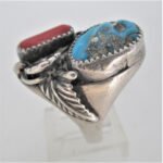 Sterling Silver Navajo Matrix Turquoise and Coral Ring Size 11.5 - Image 3