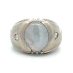 14k White Gold Natural Blue Star Sapphire Ring with Single Cut Diamond Accents Size 8 3/4
