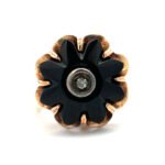 Vintage 10k Yellow Gold Black Onyx Flower Ring with Single Cut Diamond Accent Size 4 1/4