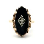 Vintage 10k Yellow Gold Oblong Black Onyx Ring with Diamond Center Accent Sz 6.5