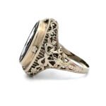 1920’s Era 14k White Gold Black and White Cameo with Filigree Accents Size 5 ¼ - Image 2
