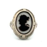 1920’s Era 14k White Gold Black and White Cameo with Filigree Accents Size 5 ¼