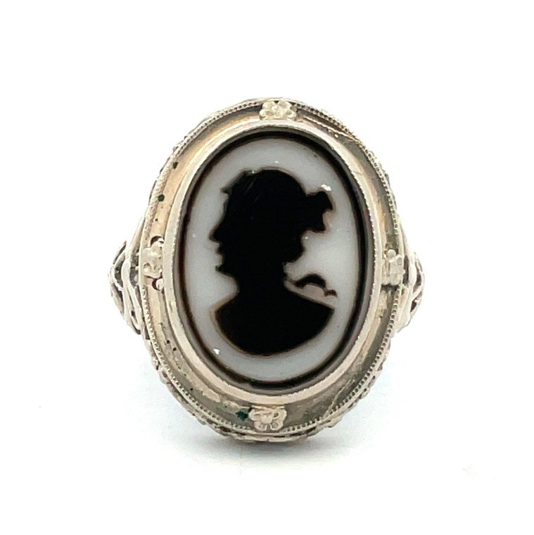 UN-0977_x820cuz2mxj_2025-05-30-17-12-51_edited__22405 1920’s Era 14k White Gold Black and White Cameo with Filigree Accents Size 5 ¼ - Image 1