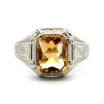 10k White Gold Citrine Men's Ring with Detailing on Band Ring Size 11