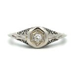 Vintage 18k White Gold App .06ct Round Brilliant Cut Diamond Ring with Filigree Accents Size 8 1/4