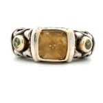 Gabrielle Bruni 2 Tone Sterling Silver and 18K Gold Accents Square Citrine and Peridot Ring Size 7