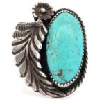 Marked Native Sterling Silver Single Leaf and Flower Oval Turquoise Ring Size 8.5