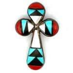 Robert Lewis Vintage Zuni Navajo Sterling Silver Multi-Gem Inlay Cross Pendant