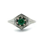 Vintage 18K White Gold Filigree Round Emerald Heirloom Ring Size 6.5