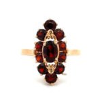 Vintage 10K Yellow Gold Navette Shaped Garnet Cluster Ornate Estate Dinner Ring Size 6