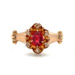 Victorian 14K Yellow Gold Oval Ruby Rose Cut Diamond Halo Accented Ornate Ring Size 8.5