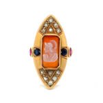 Victorian 18K Yellow Gold Carved Carnelian Solider Rose Cut Diamond Synthetic Sapphire Ruby Shield Ring Size 8