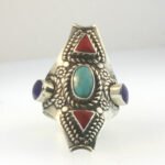 Vintage Sterling Silver Esperanza Mexico Coral Lapis Turquoise Ring Size 9.75