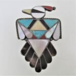 Unmarked Sterling Silver Native American Zuni Thunderbird Multi-stone Inlay Pin