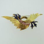 18k Yellow Gold Brooch with Pink Topaz Stones and Enamel Accents