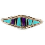 Native American Sterling Silver with Inlaid Fire Opal, Sugilite Purple Opal, Turquoise, and Onyx Cuff Bracelet