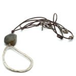 Sterling Silver Silpada Long Leather Cord Necklace with Stone and Metal Pendent