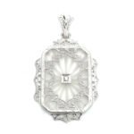 14K White Gold Vintage Camphor Glass Filigree Art Deco Diamond Pendant - Image 2