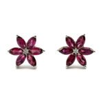 14K W Gold Rhodolite Garnet Diamond Accent Flower Stud Earrings