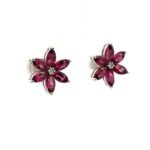14K W Gold Rhodolite Garnet Diamond Accent Flower Stud Earrings - Image 2