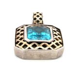 Sterling Silver and 14K Gold Crisscross Rectangle Blue Topaz Pendant - Image 2