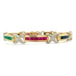 14K Two Tone Gold Ruby Sapphire Emerald Diamond Accented 8" Tennis Bracelet