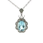 14K W Gold 1.10ct Aquamarine with Diamond Flower Accent Necklace 18"