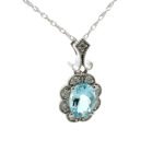 14K W Gold 1.10ct Aquamarine with Diamond Flower Accent Necklace 18" - Image 2