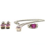 Sterling Silver and 18K Gold Accented Lorenzo Pink Spinel Square Stud Earrings, Necklace, and Ring Size 6.5 Set - Image 2
