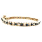 14K Yellow Gold Square Links Square Sapphire and Round Diamond Tennis Bracelet 7" - Image 3