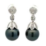 14K White Gold Approx 12 mm Pearl With Diamond Accents Heart Flower Dangle Earrings - Image 3