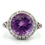 14K White Gold Filigree Approx. .15 TDW Diamond Accented Circle Amethyst Ring Size 6.75