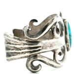 Vintage Navajo Sandcast Sterling Silver Turquoise Cuff Bracelet - Image 3