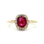 14K Yellow Gold .98ct Oval Cut Ruby .16cttw Diamond Halo Accented Engagement Ring Size 6.5