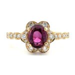 14K Yellow Gold 1.21ct Oval Ruby .32cttw Diamond Halo Flower Design Scalloped Band Fashion Ring Sz 6.75