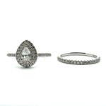 14K White Gold .42ct Pear Shaped Diamond Double Halo Pave Accented Band Engagement Wedding Ring Set Size 6.5 - Image 2