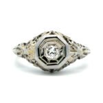 Vintage Circa 1920s 14K White Gold Filigree App .10ct Round Diamond Illusion Engagement Ring Size 5.5