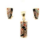 John Bagley 14K Yellow Gold Mother of Pearl Onyx Garnet Inlay Pendant Earrings Set