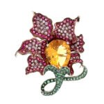 14K White Gold Pink and Green Tourmaline Fancy Cut Citrine Flower Brooch Pendant