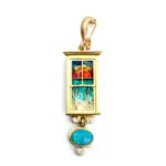 James Carter 18K Yellow Gold Cloisonne Enamel Sunset Diamond Opal Accented Artisan Pendant