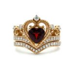 14K Yellow Gold Crown Design Heart Shaped 1.31ct Garnet .53cttw Diamond Accented Wedding Ring Set Size 6.75