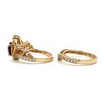 14K Yellow Gold Crown Design Heart Shaped 1.31ct Garnet .53cttw Diamond Accented Wedding Ring Set Size 6.75 - Image 3