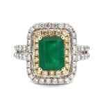 14K Two Tone Gold App 1ct Emerald App 1cttw Diamond Accented Double Halo Fashion Ring Size 7