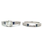 14k White Gold APP .75ct Round Brilliant Cut Diamond with Sapphire Accents Engagement Wedding Ring Set Size 6 3/4 - Image 3