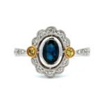 18K White Gold Oval Cut Blue Center Round Yellow Accented Sapphire .16cttw Diamond Vintage Inspired Engagement Ring Size 7