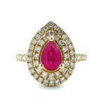 14K Yellow Gold .75ct Pear Cut Ruby .63cttw Diamond Double Halo Accented Engagement Ring Size 7